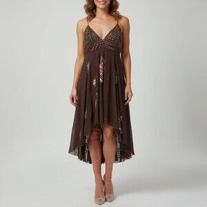 Matthew Williamson Brown Butterfly High Low Asymmetric Silk Designer Dress Small